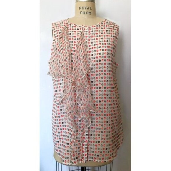 GAP WHITE GRAY RED KISS COTTON BLEND SLEEVELESS RUFFLE BLOUSE L NWT - Picture 1 of 8